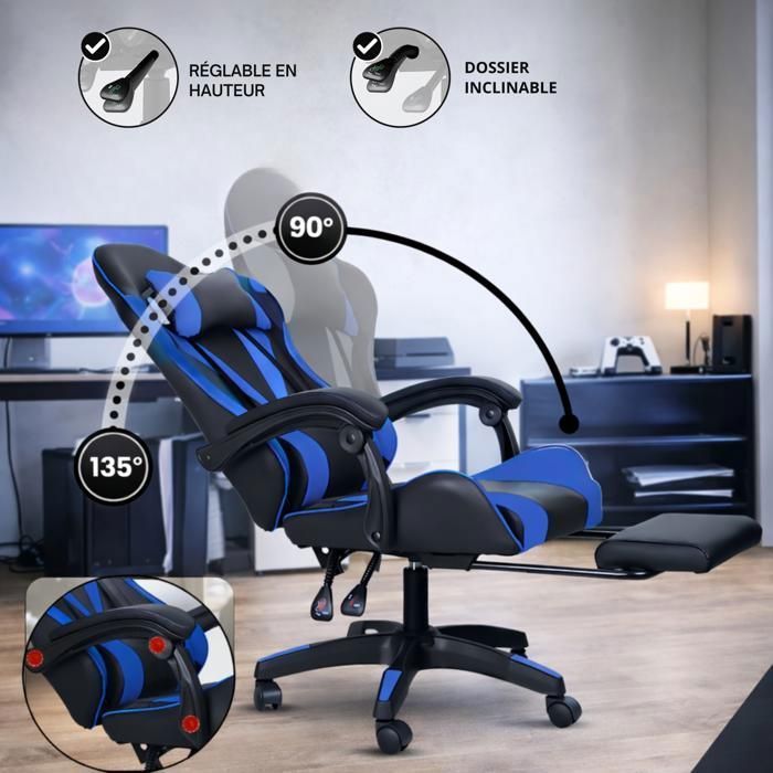 Bayt Chaise Gaming Ergonomique - Repose-Pieds Rétractable - Accoudoirs Réglables - Dossier Inclinable - Noir & Bleu Foncé
