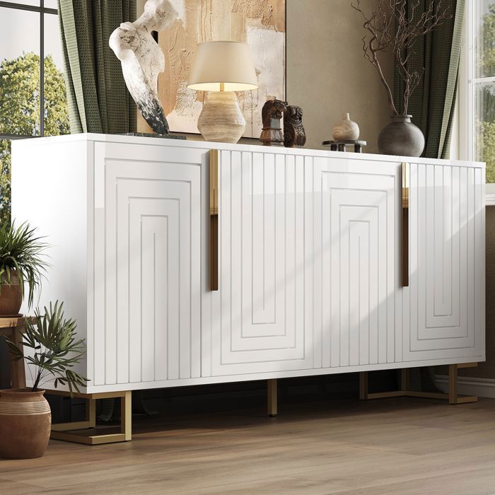 Aparador de comedor de 152 cm - 2 puertas y 4 compartimentos de almacenamiento - Antivuelco - Diseño geométrico 3D - Blanco Aparador de salón