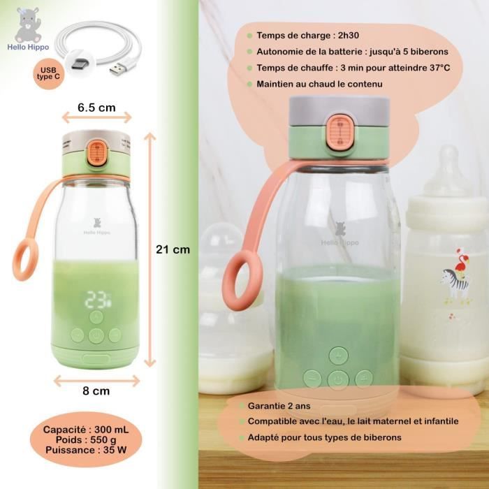 HELLO HIPPO® Chauffe biberon portable avec batterie USB -Chauffe biberon nomade et portatif Lait et Eau -Capacité de 300 ml -