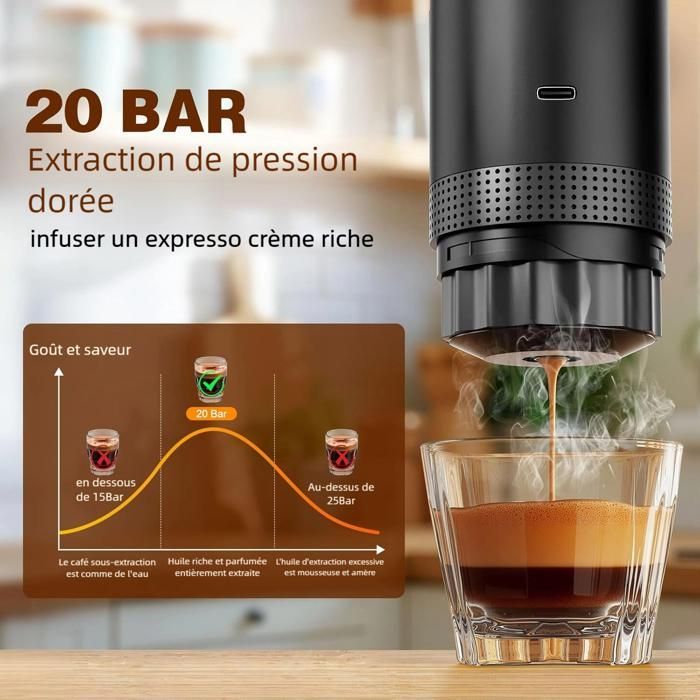 Portable Electric Coffee Maker - Espresso Machine - 20 Bar - Rechargeable - Hot and Cold - Black