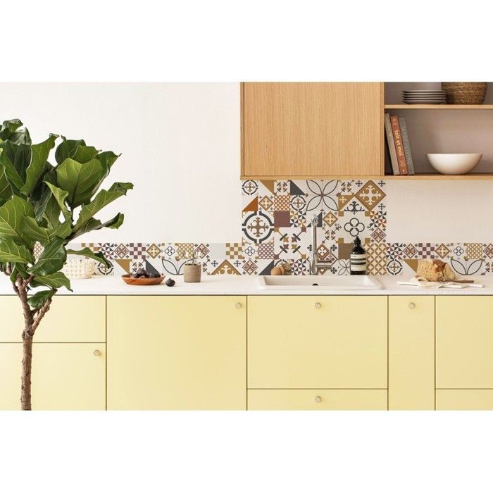 Revestimento de parede para cozinha em alumínio - efeito de azulejo de cimento laranja - 200x20 cm (em 2 faixas) - 99 Déco