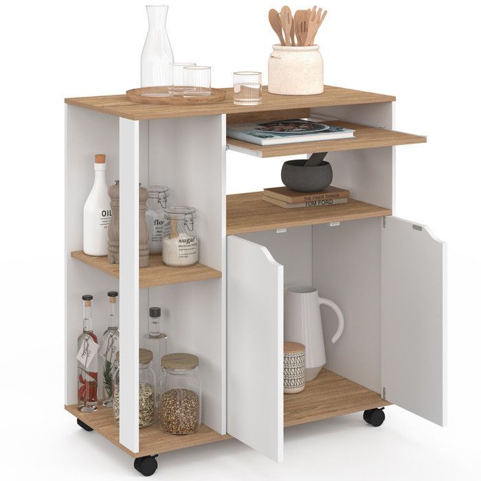IDMARKET Desserte de cuisine COSI bois blanc et plateaux façon hêtre L.76 CM