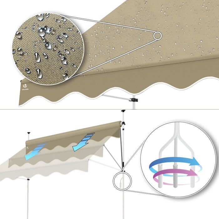Tenda da sole retrattile manuale VOUNOT® da 200 cm, beige - Non richiede forature - Altezza e inclinazione regolabili - Tenda da sole con manovella