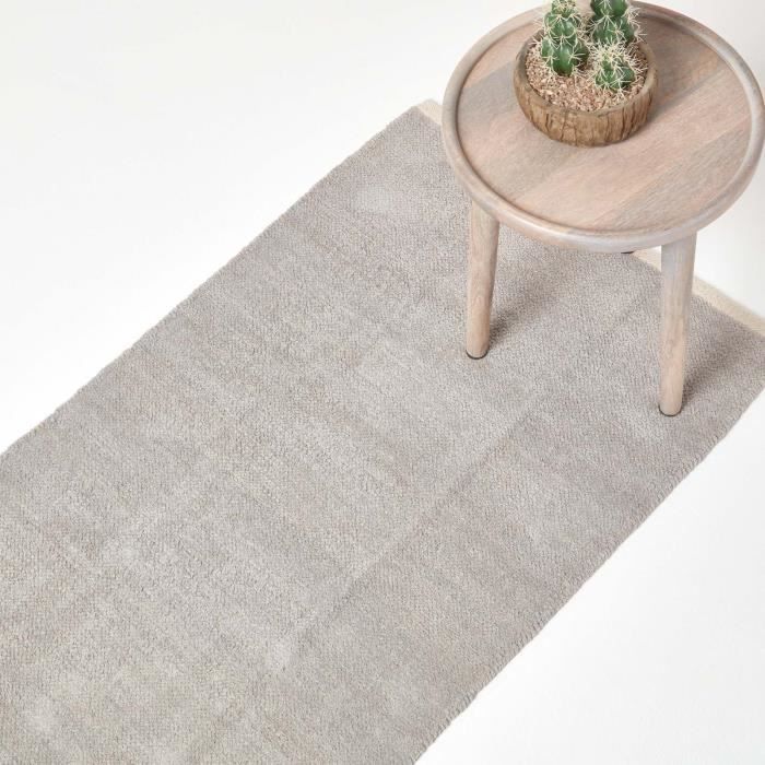 Tapis de couloir en coton chenille uni gris clair - HOMESCAPES - 66 x 200 cm