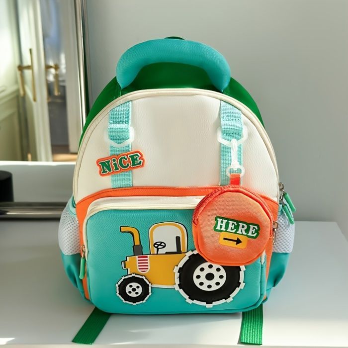 Children's cartoon design schoolbag - Green and Orange - Cute - Preschool to Grades 2-6 - Easy to clean - Foldable