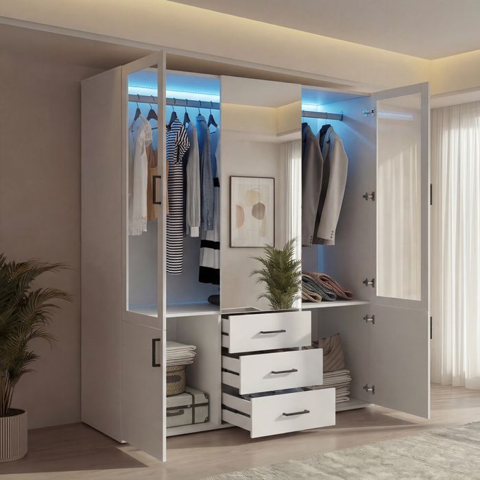 4-Door Wardrobe with LED Lighting and Mirror, Bedroom Closet with Glass Doors, Storage Wardrobe with Hanging Rail and 3 Drawers, White