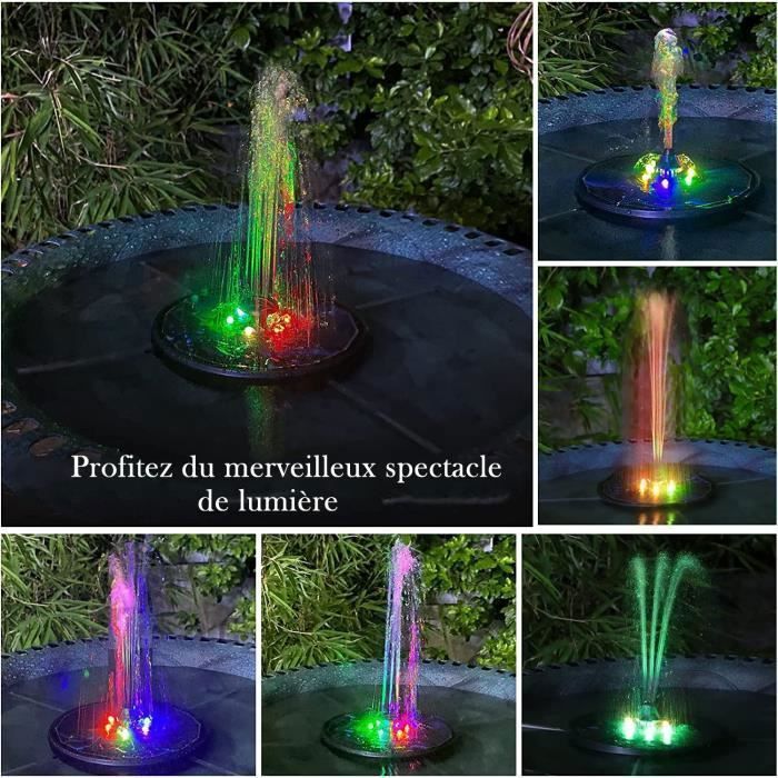 Fuente solar de jardín para exteriores de 3 W con bomba para estanque, luces LED de colores y 7 boquillas - Aburnudrey