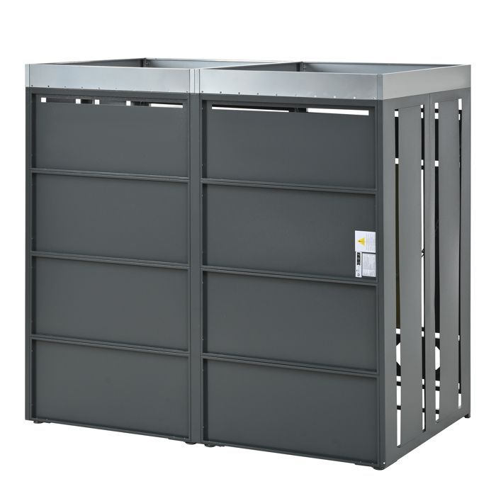 HOMVRA Abri pour Poubelle, Cache-Poubelles 2 Compartiments avec Bac à Fleurs, Design Verrouillables, Acier, Gris et Aspect Bois