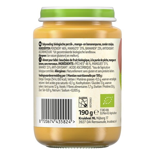 Kruidvat 8+M Organski voćni međuobrok od breskve, manga i banane<br>190g