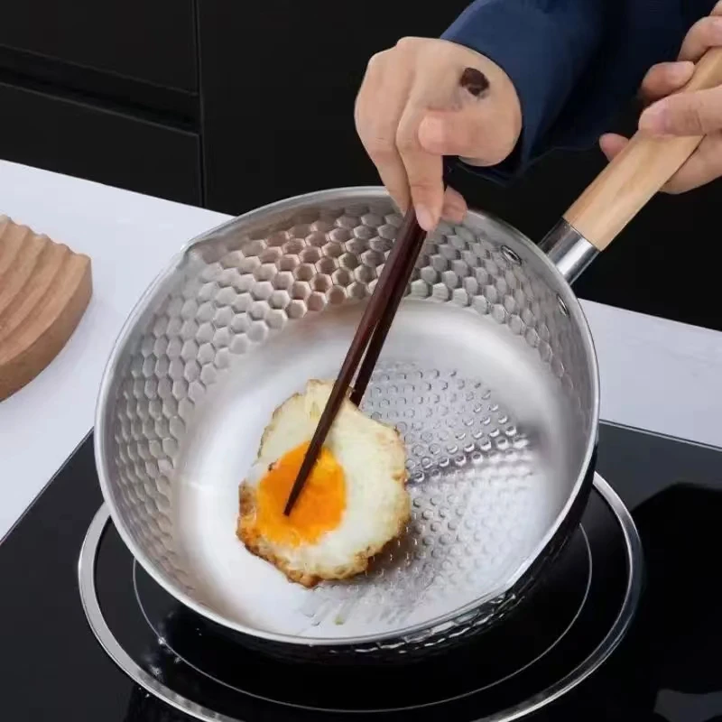 Marmite en acier inoxydable 430, style japonais, marmite à neige, fond plat, antiadhésive, avec poignée en bois, pour ragoût et pot à lait. Ustensiles de cuisine.