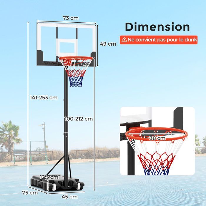 Aro de baloncesto independiente COSTWAY con ruedas - Altura ajustable de 100 a 212 cm, base rellenable, para piscina, entrada de vehículos y uso en interiores.