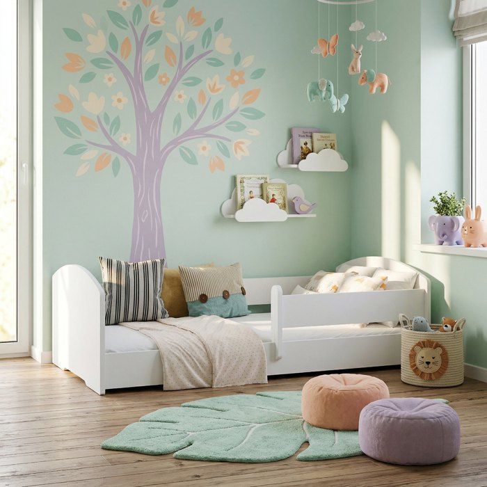Cama infantil Montessori LEO de 140x70 cm con barandilla de seguridad – Cama baja para niños, color blanco.