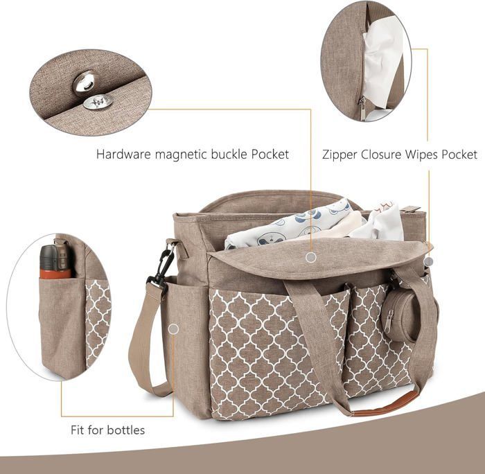 Bolso cambiador para bebé, 13 bolsillos, múltiples compartimentos de almacenamiento, bolso de maternidad, bolso cambiador de viaje con correa para el hombro, color beige.