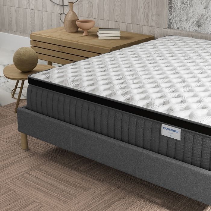 Set composto da materasso e base letto (140x200 cm) - Molle insacchettate Elekctra e memory foam, spessore 30 cm + Base letto in legno stabile, tessuto grigio