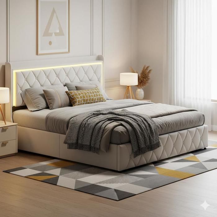 160x200cm Bed - 160x200cm Storage Bed and Slatted Base - Double Bed with RGB LED Headboard, USB Charging Port and Shelf - Beige Velvet
