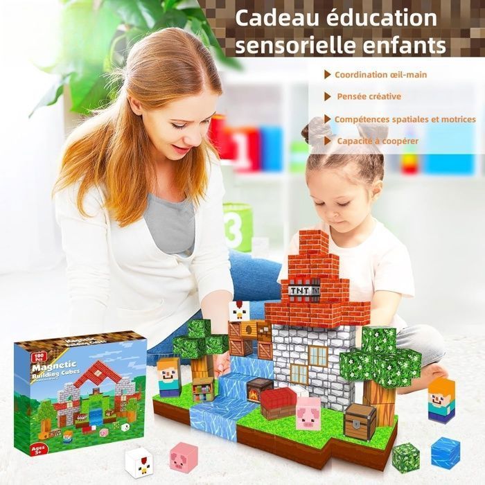 Blocs Construction Magnétiques - 100 PCS Construction Magnetique Enfant -  Puzzle Cubes Magnétiques Jouet Cadeau pour Garçon Fille