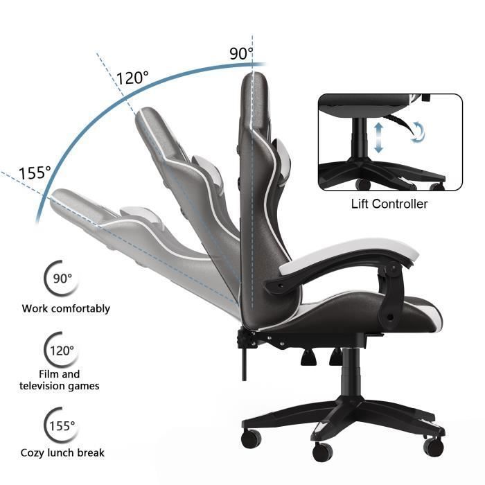 [Bigzzia] Fauteuil de Bureau- Fauteuil gamer - Chaise Gaming Réglable Pivotant- avec coussin et dossier inclinable Blanc