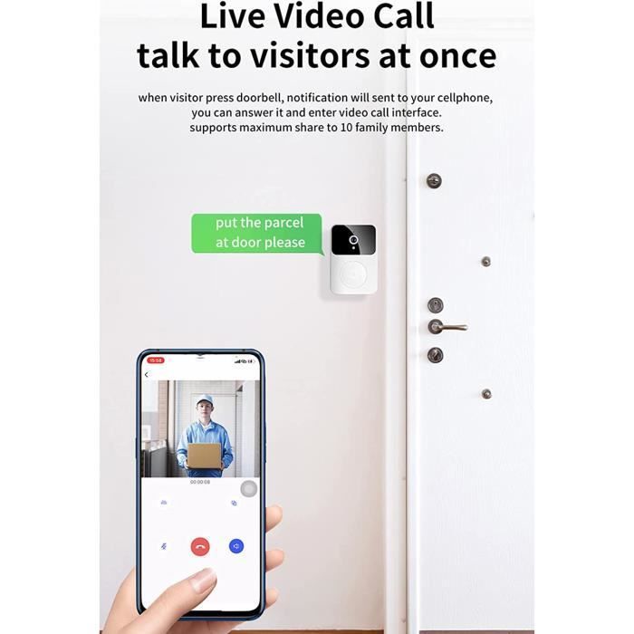 Sonnette vidéo intelligente sans fil à distance avec vision nocturne HD et Wi-Fi rechargeable Blanc A418