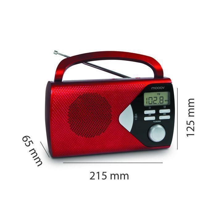 METRONIC 477201 Draagbare FM/AM-radio met wekker en tijdweergave - Werkt op netstroom of batterijen - Rood