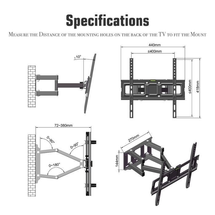 Supporto da parete 3D a doppio braccio inclinabile e girevole per TV, 400x400 mm, da 26
