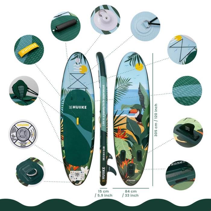 Paddle Gonflable Adulte Tropical avec des Accessoires de Qualité - HUIIKE - Stand Up Paddle avec Pagaie Double et Siège de Kayak