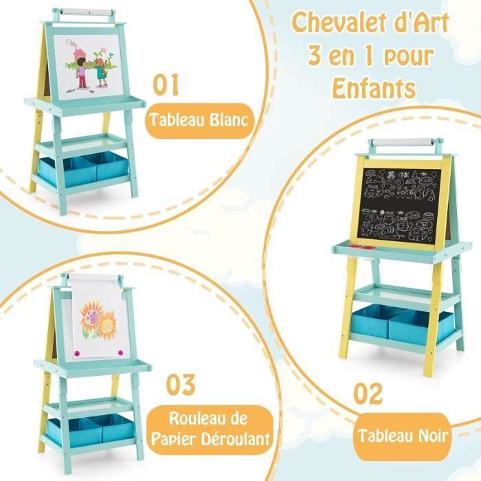 COSTWAY Children's Easel - Magnetic White and Black, Paper Roll (Paper Included), 3 Shelves and 2 Storage Bins Light Blue