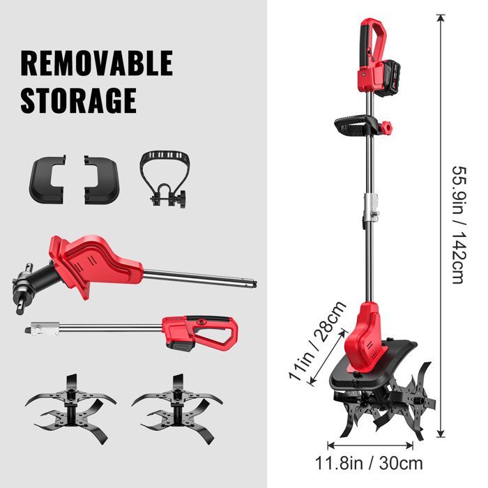 Motocultor eléctrico de 550 W: máquina para arar y cavar con 2 cabezales intercambiables. Batería Makita de 21 V incluida.