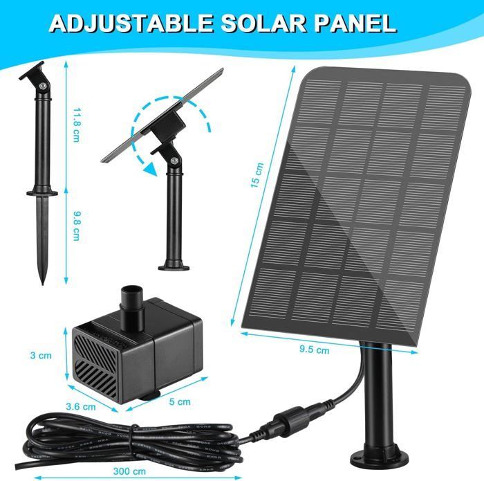 Fontein op zonne-energie 5V/2,5W 170L/u, waterpomp op zonne-energie, met 5 sproeiers, 3,25m kabel, vijverpomp op zonne-energie, voor vogelbadjes