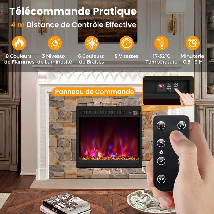 Caminetto elettrico GOPLUS da 1500 W, 45,7 cm, effetto fiamma 3D e 8 colori, 3 livelli di luminosità, temperatura regolabile da 17 a 32 °C, timer da 9 ore, lunghezza 49 cm.