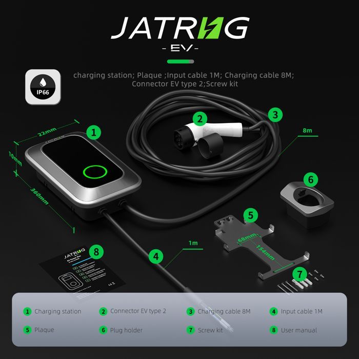 Estação de carregamento para veículos elétricos JATRHG S1, 22 kW, 8 m, 32 A, trifásica, IP66 - Estação de carregamento Wallbox