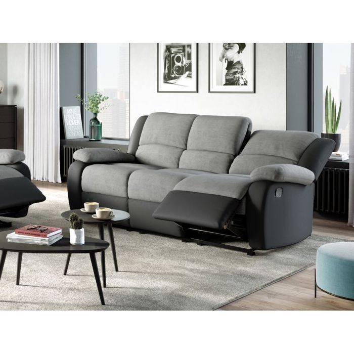 Sofá reclinável LEO de 3 lugares em microfibra e couro sintético - Cinza e preto - L193 x P93 x A96cm - LOUNGITUDE