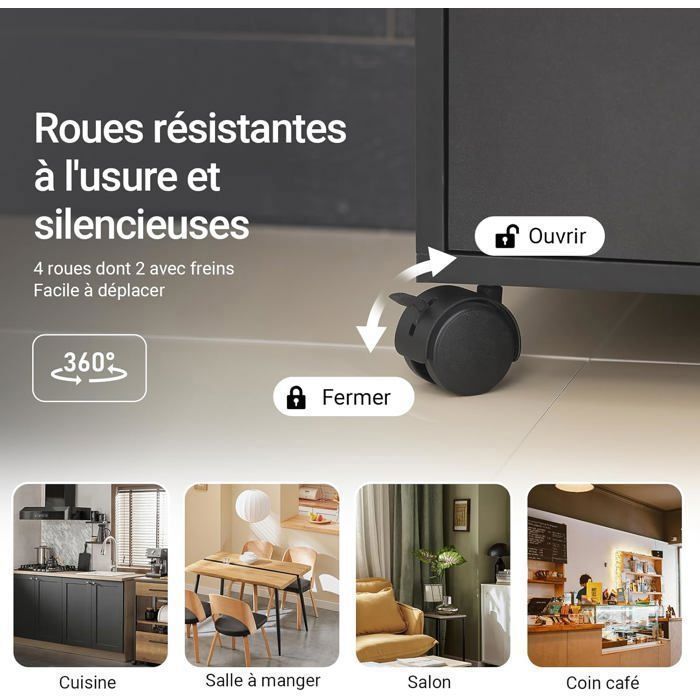 SoBuy Desserte de Cuisine à Roulettes avec Plan de Travail Extensible, 1 Tiroir, 2 Étagères, Meuble Micro-Ondes Noir 59x40x92 cm