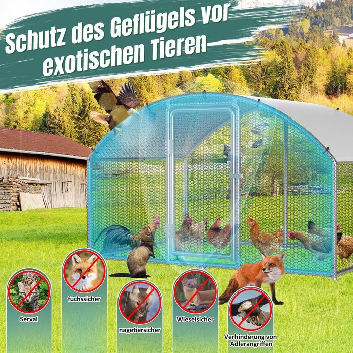 Gallinero Yaskilosiu de 3×4×2 m con techo arqueado – Recinto para animales pequeños, aviario exterior, jaula de acero para pollos