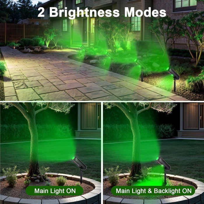 Juego de 4 focos solares verdes, luces solares para exteriores, resistentes al agua IP65, proyectores solares para exteriores con 2 modos de iluminación.