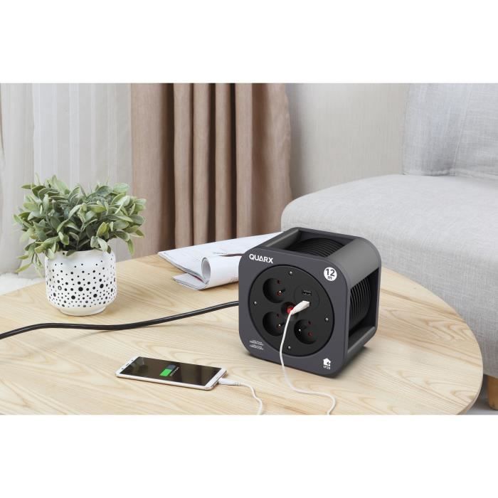 Avvolgicavo - QUARX - S-Box - 12 m, 3 prese da 16 A, USB tipo A e C