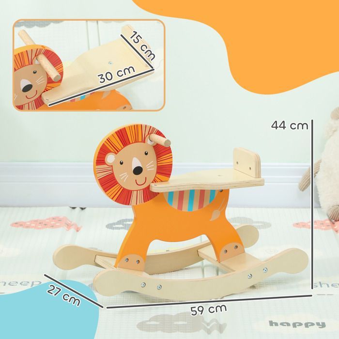 Caballo balancín infantil - AIYAPLAY - Manillar y base estables - Madera - 59 x 27 x 43 cm - Naranja