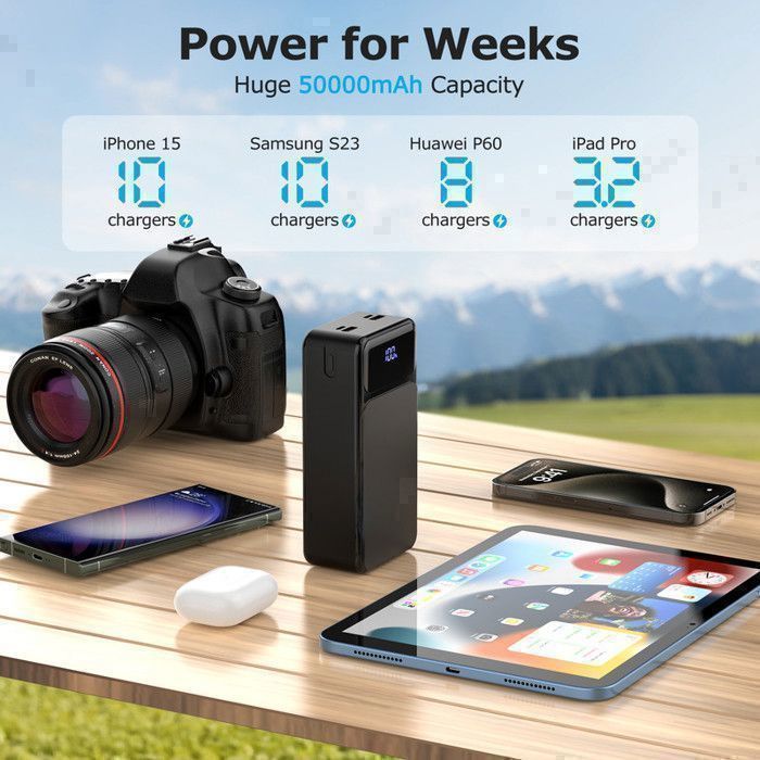 50000mAh Batterie Externe,Power Bank,4 Sorties/3 Entrées et LCD Ecran/LED Lampe pour Smartphone
