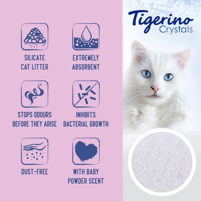 Tigerino Crystals paakkuuntuva kissanhiekka – vauvanpuuterin tuoksu