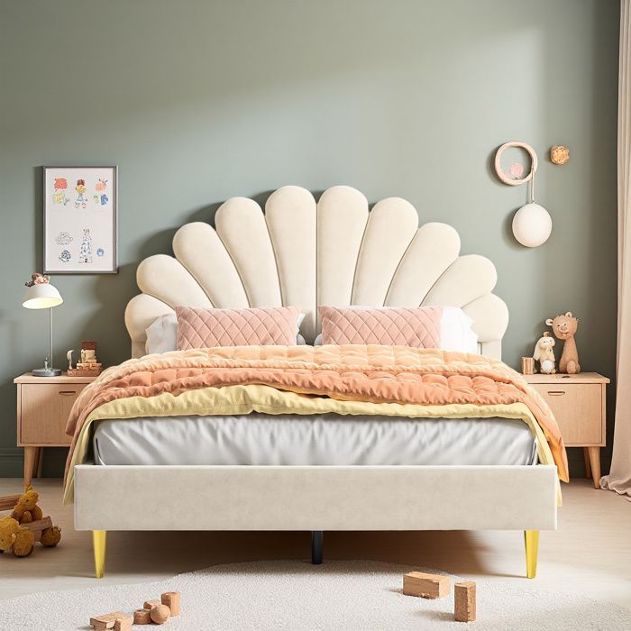 Lit 140x190 cm - COZY - Tête de lit en pétale - Velours beige - Lit enfant - 2 places