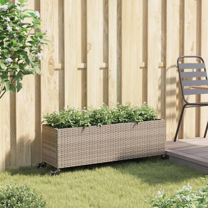 vidaXL Planter with Wheels/3 Pots Grey 107x32x38 cm Woven Resin, Outdoor Planter, Flower Box, Tomato Box, 366421