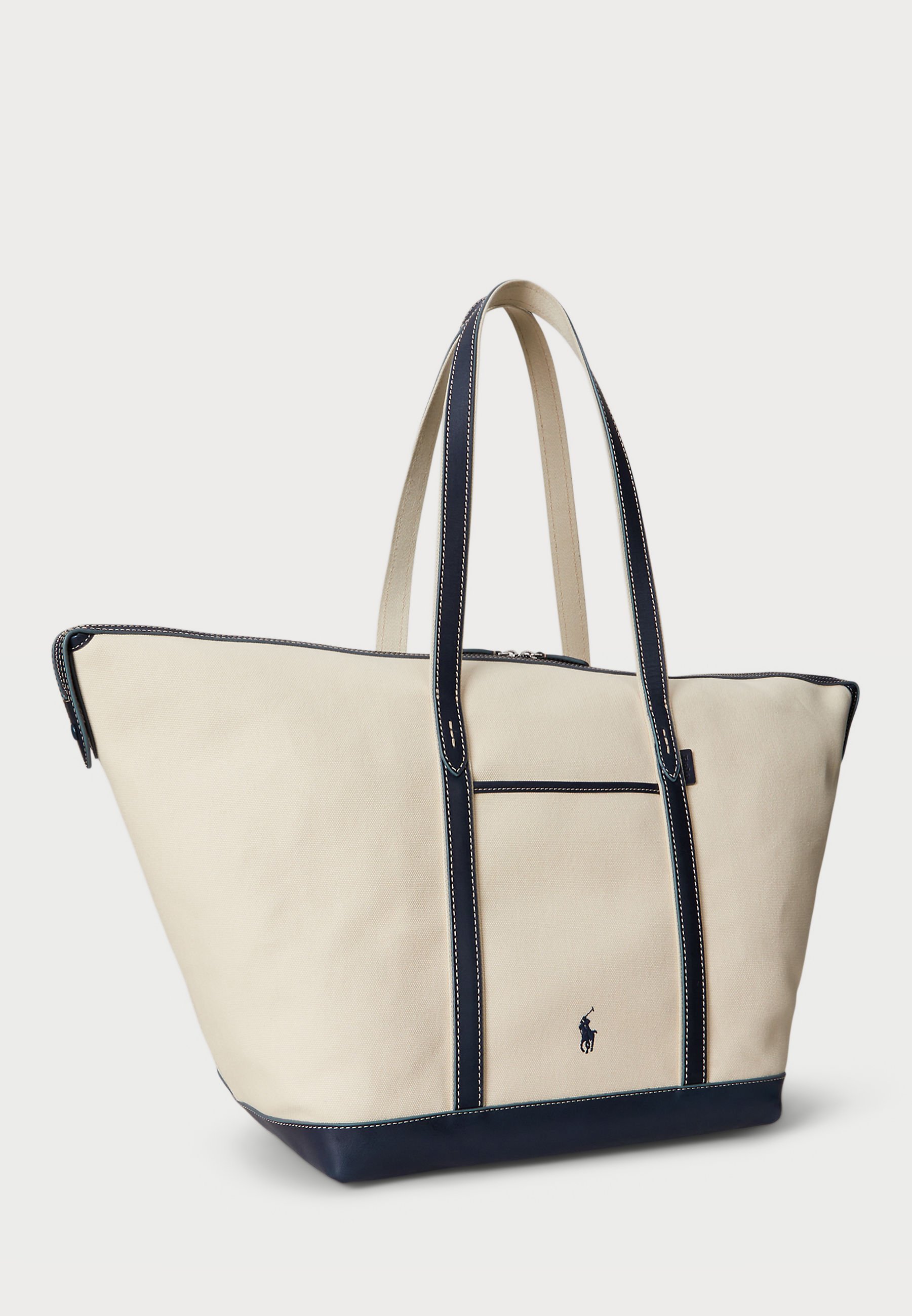Polo Ralph Lauren LEATHER TRIM CANVAS LARGE SHOPPER TOTE - Bevásárlótáska - ekrü/sötétkék