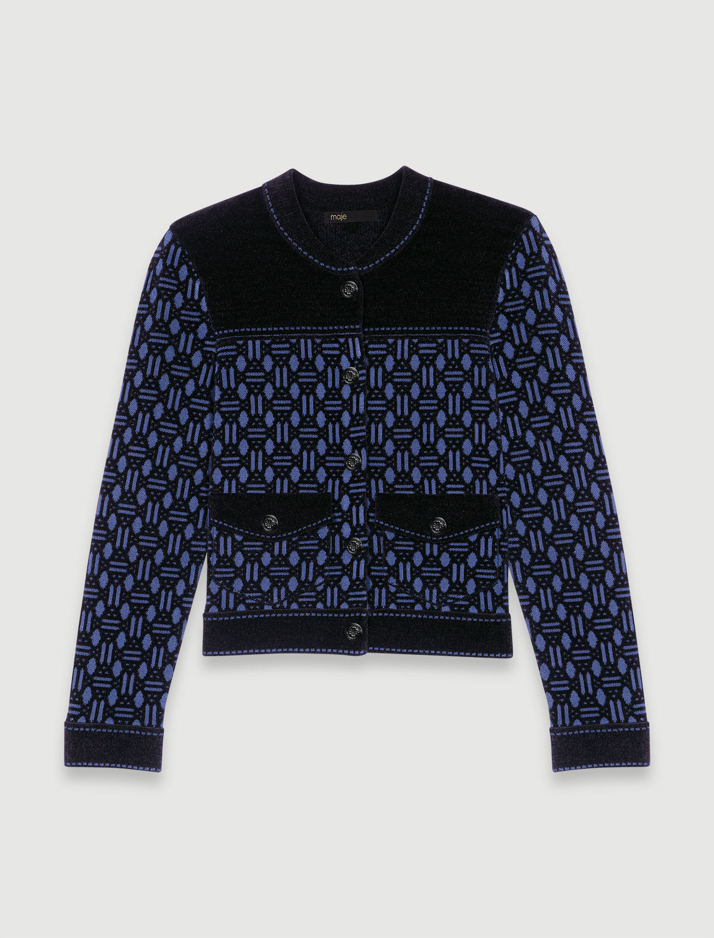 Korte jas van twee materialen - Blauw/zwart