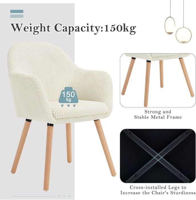 Conjunto de 2 cadeiras de jantar WOLTU, cadeiras de cozinha ergonômicas em veludo cotelê, pés de madeira maciça, bege W0ATT0207-2
