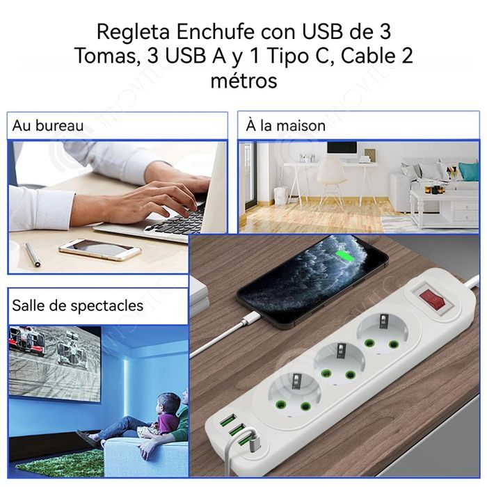 INN Steckdosenleiste mit 3 Steckdosen, 2 USB-Anschlüssen und 1 USB-C-Anschluss, mit Schalter, 2 m Kabellänge, Überspannungsschutz, Weiß