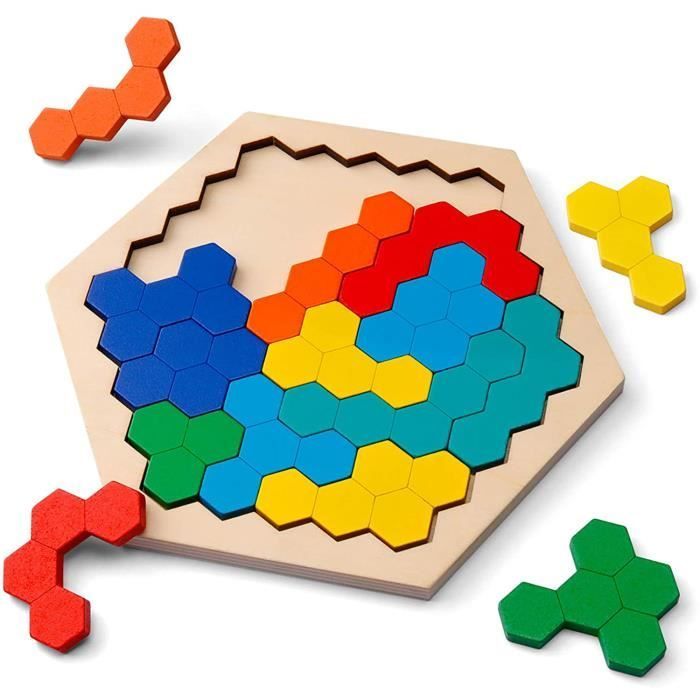 Juguete de lógica - Rompecabezas hexagonal - 14 piezas - 7 colores - A partir de 3 años - Montessori