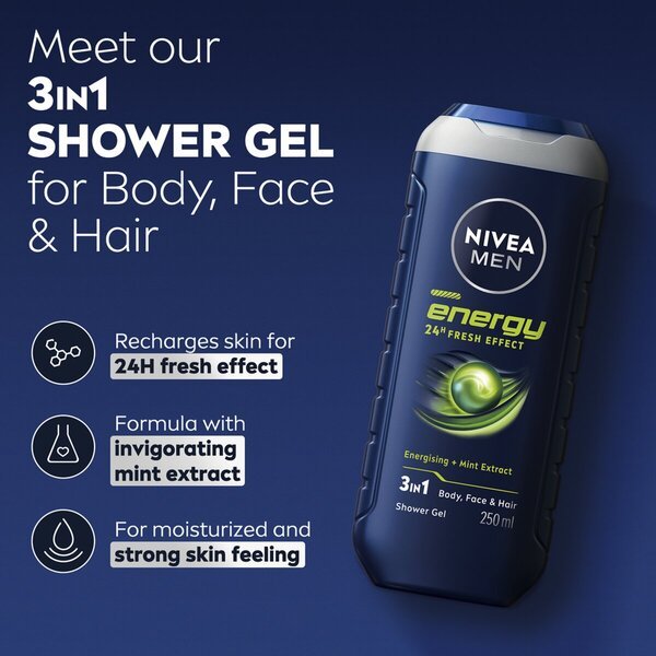 NIVEA Men Energy 24H Fresh Effect 3-у-1 гел за туширање<br>250ml - Нормална кожа