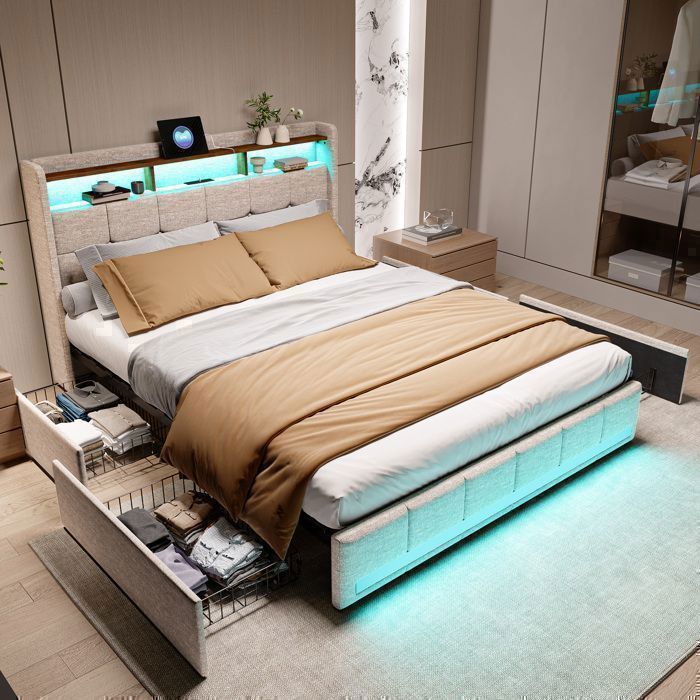 Lit 140 x 200 avec sommier,lit 140,Lit 140x200,cadre de lit,Lit double 140x200,LED,rangement,USB,4 tiroirs,rembourré,Lin,Beige
