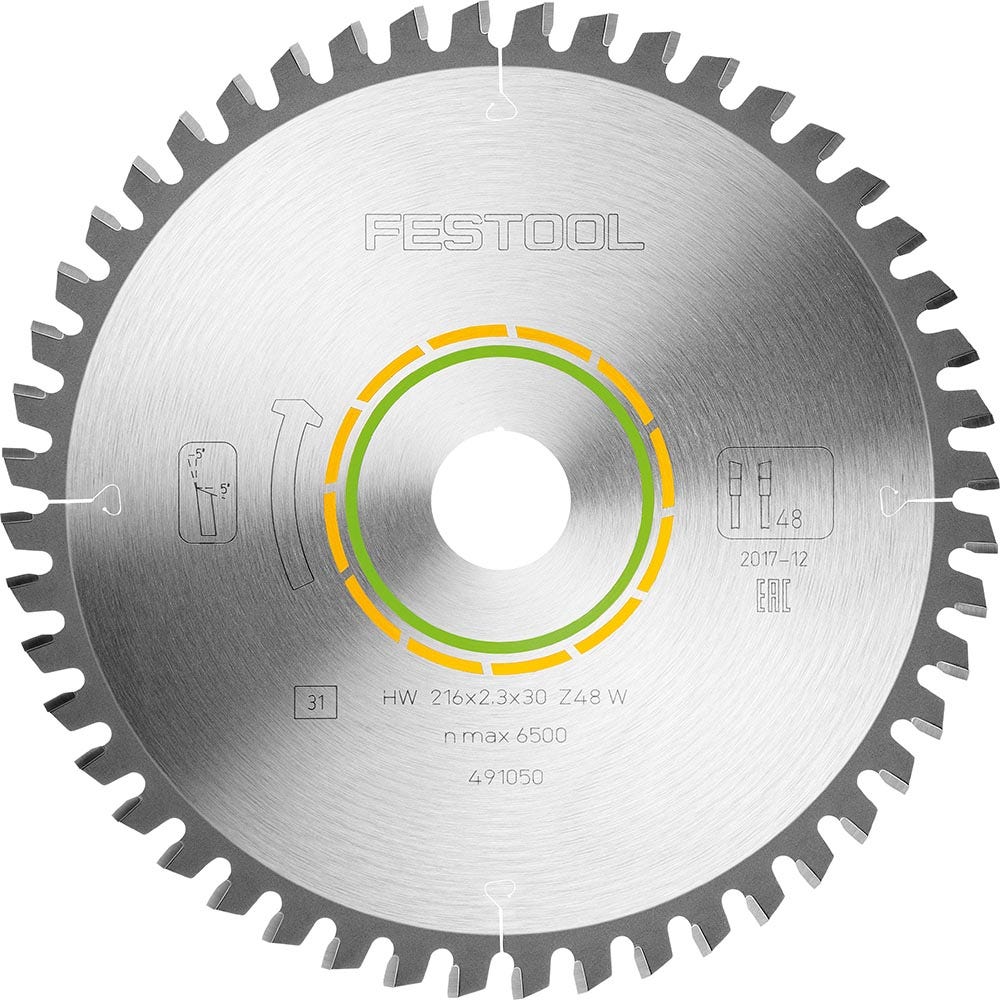 Lâmina de serra FESTOOL de 216 mm com 48 dentes TCT para corte de painéis folheados.