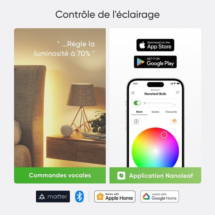 Matter Essentials Pack de 2 Wifi Ampoules LED E27 Connectées RGBW - Lampes Intelligentes,Horaires personnalisés,Contrôle par