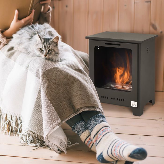 Chimenea de bioetanol - HOMCOM - independiente, quemador de 0,9 L, 3 horas de duración, estilo neorretro, acero, 40x30x50 cm, negra